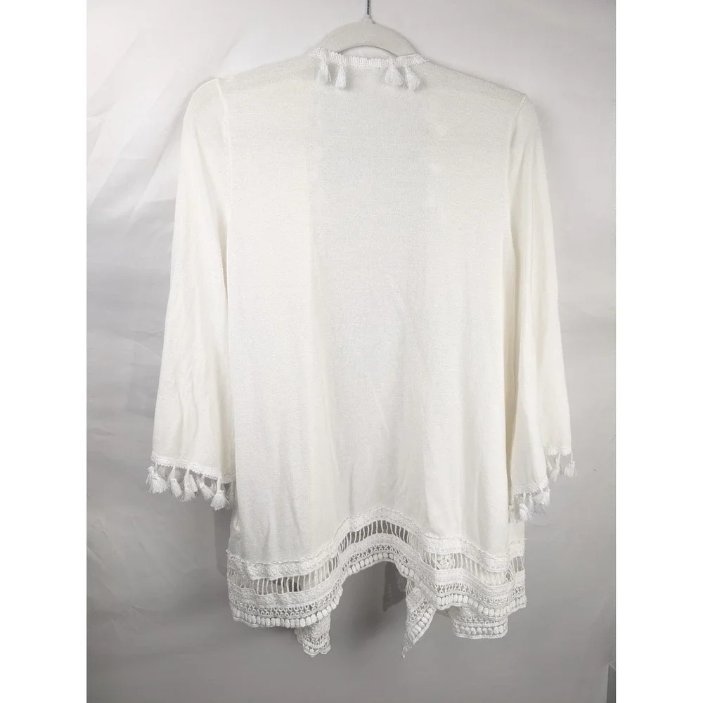 Boho Crochet Lace Tassel Fringe Open Cardigan Size S White Festival Beach Layer - Picture 7 of 9
